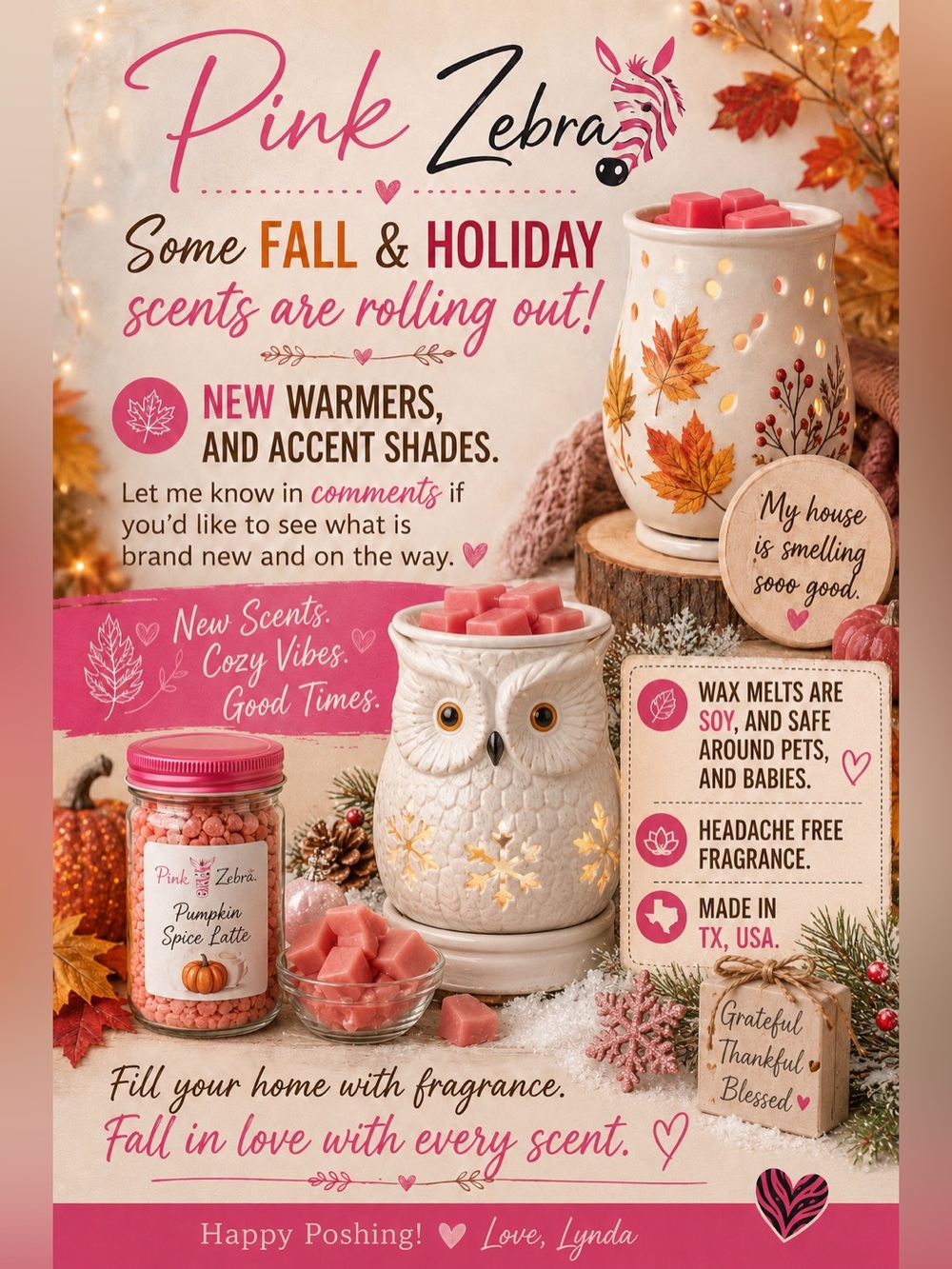 Pink Zebra Cream Owl Wax Warmer with Pink Wax Melts